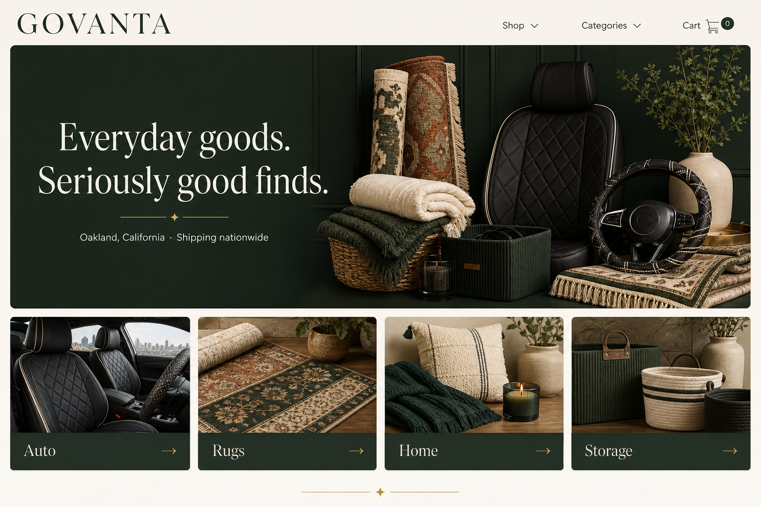 A styled collection of Govanta rugs, blankets, and car accessories